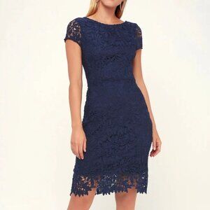 Lulu's‎ Navy Blue Lace Floral Short Sleeve Sheath Dress With Back Zipper Closure